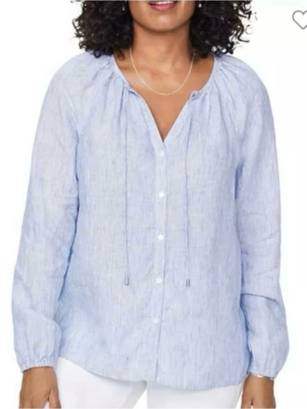 NYDJ Blue Stripes Peasant Lightweight Breathable Linen Long Sleeve Beach Blouse